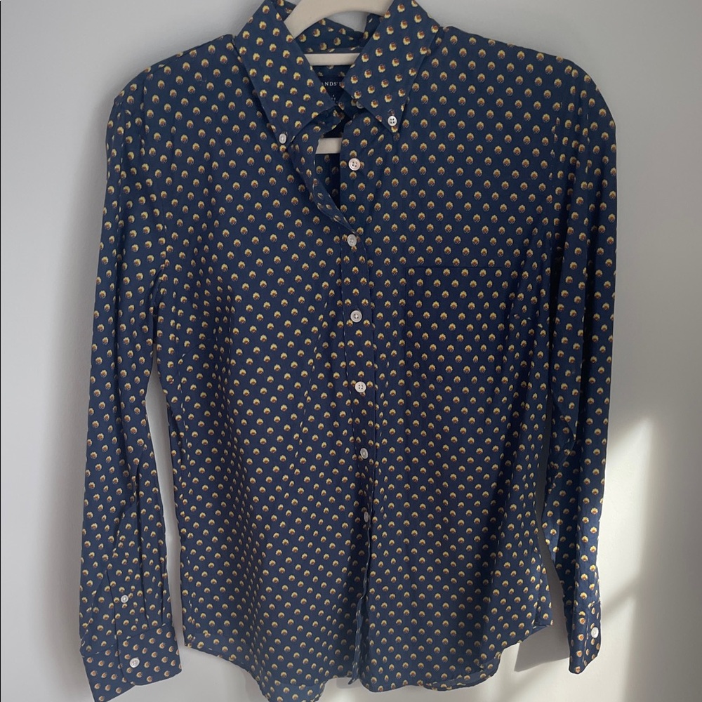 Lands' End 💯%cotton Navy Button-Down Shirt with Gold Dot Print excellent